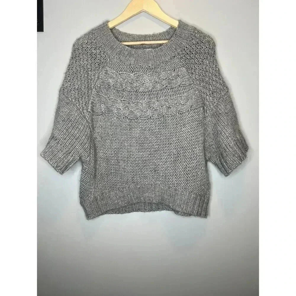 Ann Taylor Loft Gray Half Sleeve Short Cable chun Knit Sweater Wool Alpaca SMALL